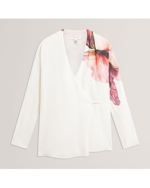 Ted Baker Print Detail Wrap Front Long Sleeve Blouse - White