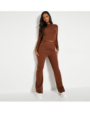 I Saw It First Isawitfirst Lace Up Top And Straight Leg Knit Trousers Co Ord Set - Brown