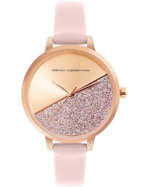 French Connection Accessories Rose Case Round Shape Strap Quartz Watch - Pink