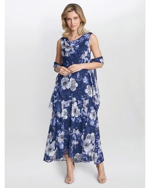Gina Bacconi Dahlia Midi Printed Dress And Shawl - Blue