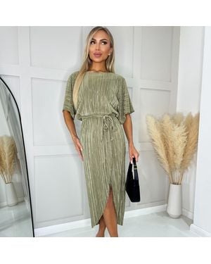 AX Paris Short Sleeve Tie Waist Plisse Midi Dress - Green