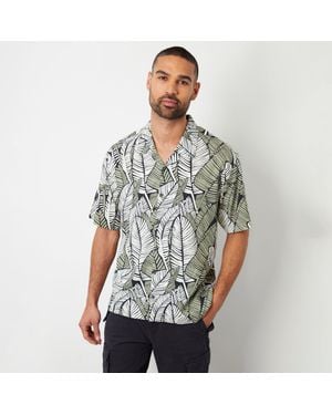 Threadbare Leaf Print Revere Collar Short Sleeve Shirt - Grey