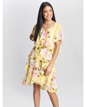 Gina Bacconi Edith Printed V Neck Tiered Dress - Yellow