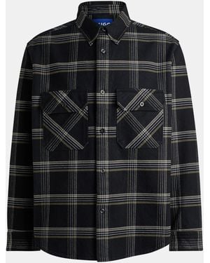 HUGO Oversized Check Cotton Long Sleeve Overshirt - Black