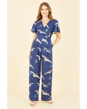 Yumi' Crane Print Angel Sleeve Jumpsuit - Blue