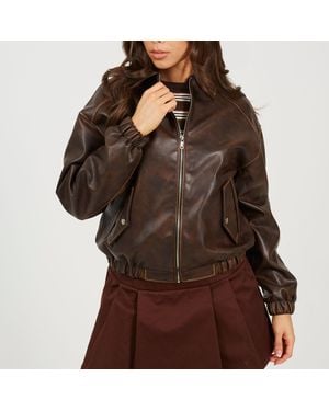 Brave Soul Bs Vintage Finish Faux Leather Bomber With Collar - Brown