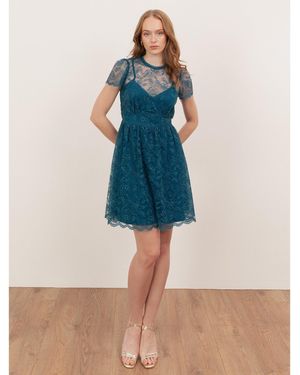 Lovedrobe Floral Lace Short Sleeve Mini Dress - Blue