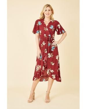 Mela London Floral Dip Hem Wrap Midi Dress - Red