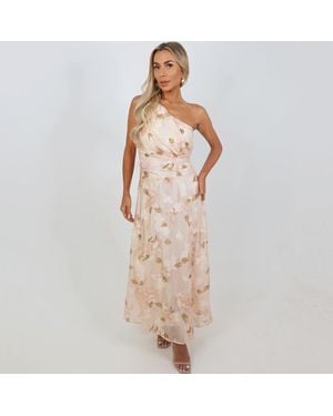 AX Paris Floral Embroidered Chiffon One Shoulder Midi Dress - Natural