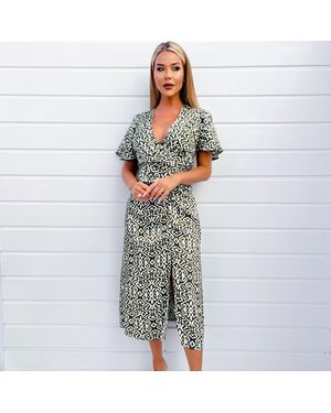AX Paris Khaki Printed Bell Sleeve Midi Dress - Green