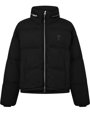 Ami Paris Ami De Coeur Water Resistant Concealed Hood Short Puffer Jacket - Black