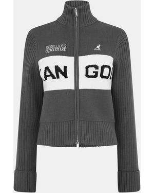 Kangol Logo Turtleneck Rib Knitted Full Zip Cardigan - Grey