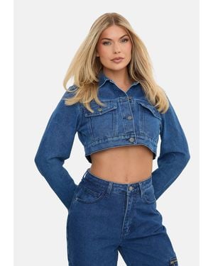 I Saw It First Cropped Long Sleeve Denim Jacket - Blue