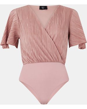 AX Paris Champagne Wrap Top Butterfly Sleeve Plisse Bodysuit - Pink