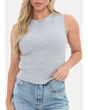 I Saw It First Ribbed Sleeveless Button Front Top - Grey