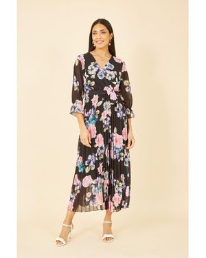 Yumi' Floral Pleated Wrap Midi Dress - Natural