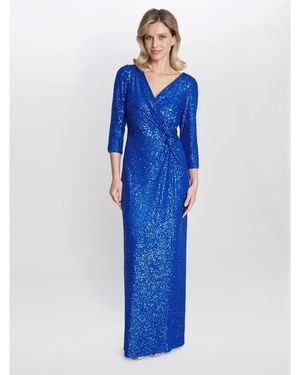 Gina Bacconi Jacynda Sequin 3/4 Sleeve Wrap Dress - Blue