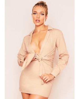 Missy Empire Tie Waist Plunge Mini Dress - Natural