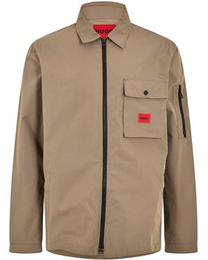 HUGO Solid Patterned Shirt Collared Overshirt With Zipped Pocket - Natural