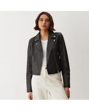 Finery London Faith Leather Long Sleeve Biker Jacket - Black