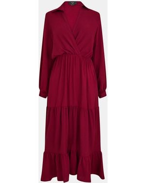 AX Paris Wine Long Sleeve Wrap Top Smock Midi Dress - Red