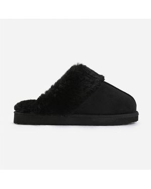 Where's That From Lounge Slippers With Fur Trim - Black