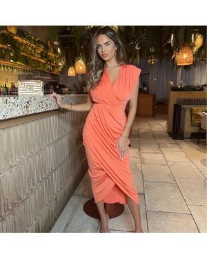 AX Paris Peach Wrap Draped Midi Dress - Orange