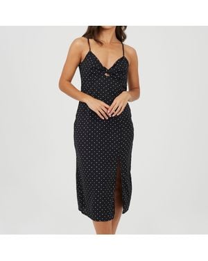 Brave Soul Polka Dot Midi Slip Dress With Slit Detail - Black