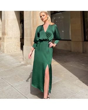 AX Paris Satin Wrap Top Long Sleeve Midi Dress - Green