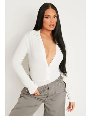 Missy Empire Knitted Plunge Button Detail Bodysuit - White