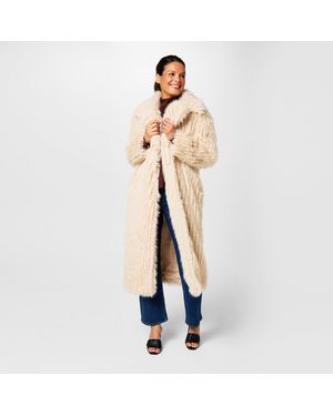 Biba Clipped Longline Faux Fur Long Sleeve Button-Up Coat - Blue