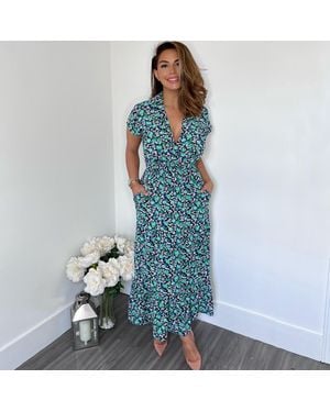 AX Paris Floral Print Short Sleeved V-Neck Midi Smock Dress - Blue