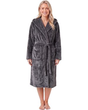 CAMILLE Supersoft Fleece Ribbed Collar Robe - Grey
