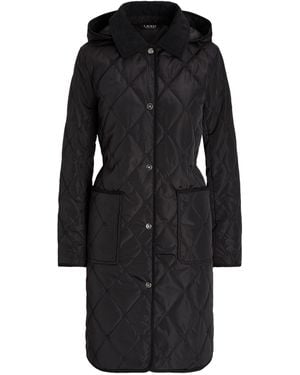 Ralph Lauren Corduroy Trim Quilted Detachable Hood Long Sleeve Short Puffer Jacket - Black