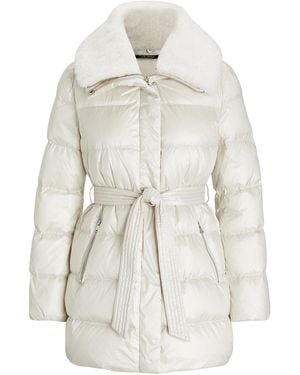 Ralph Lauren Faux Shearling Trim Belted Wind Resistant Duck Down Short Puffer Jacket - Grey