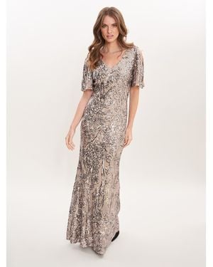 Gina Bacconi Jeselle Long V-Neck A-Line Sequin Dress - White