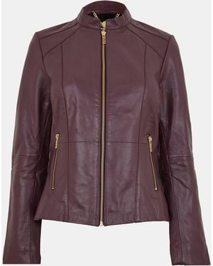 Biba Neru Collar Leather Long Sleeve Leather Jacket - Purple