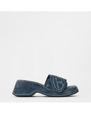DIESEL Denim Slide Flat Sandals - Blue