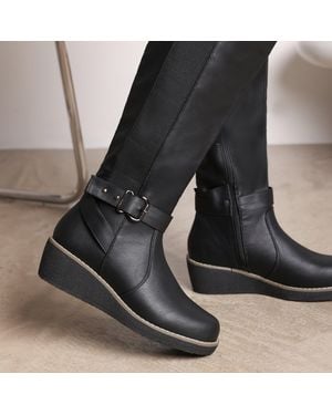 Where's That From Knee High Wedge Boots With Strap And Buckle - Black