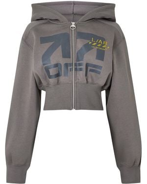 L/AB Off White Cotton Full-Zip Oversized-Fit Cropped Hoodie - Grey