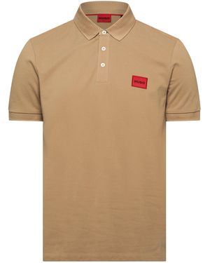 HUGO Deruso Short Sleeve Polo Shirt With Logo Detail And Ribbed Collar - Natural