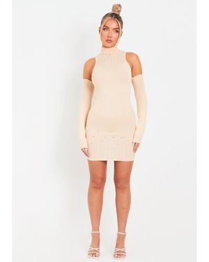 Missy Empire Laddered Knitted Mini Dress With Sleeves - White