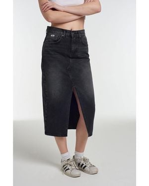 The Ragged Priest Midi Bleach Wash Denim Skirt - Blue