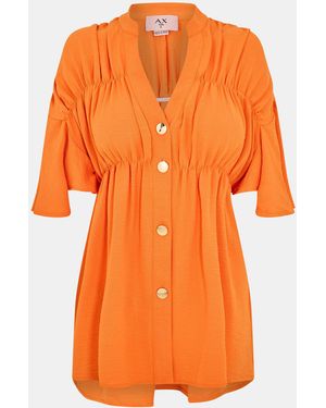 AX Paris Button Up Ruched Detail Smock V-Neck Top - Orange