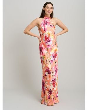 Gina Bacconi Margo Satin Floral Print Tie Neck Dress - White