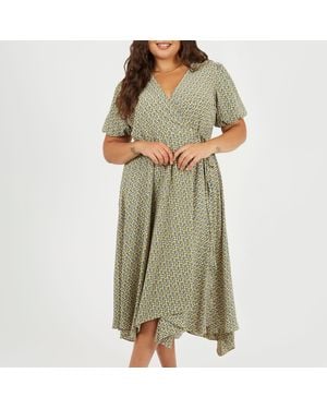 Brave Soul Plus Size Wrap Midi Dress With Floral Print - Green