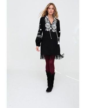 Raffya Katie Fringe Embroidered Mini Dress - Black