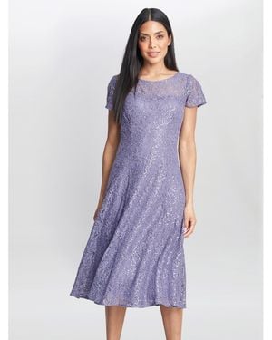 Gina Bacconi Genny Cap Sleeve Midi Sequin Lace Dress - Purple