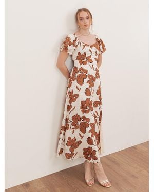 Lovedrobe Textured Floral Midaxi Dress With Ruched Front - Natural