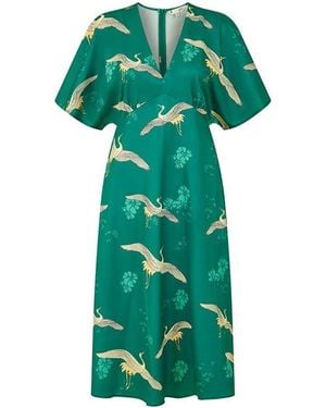 Yumi' Crane Print Kimono Midi Dress - Green